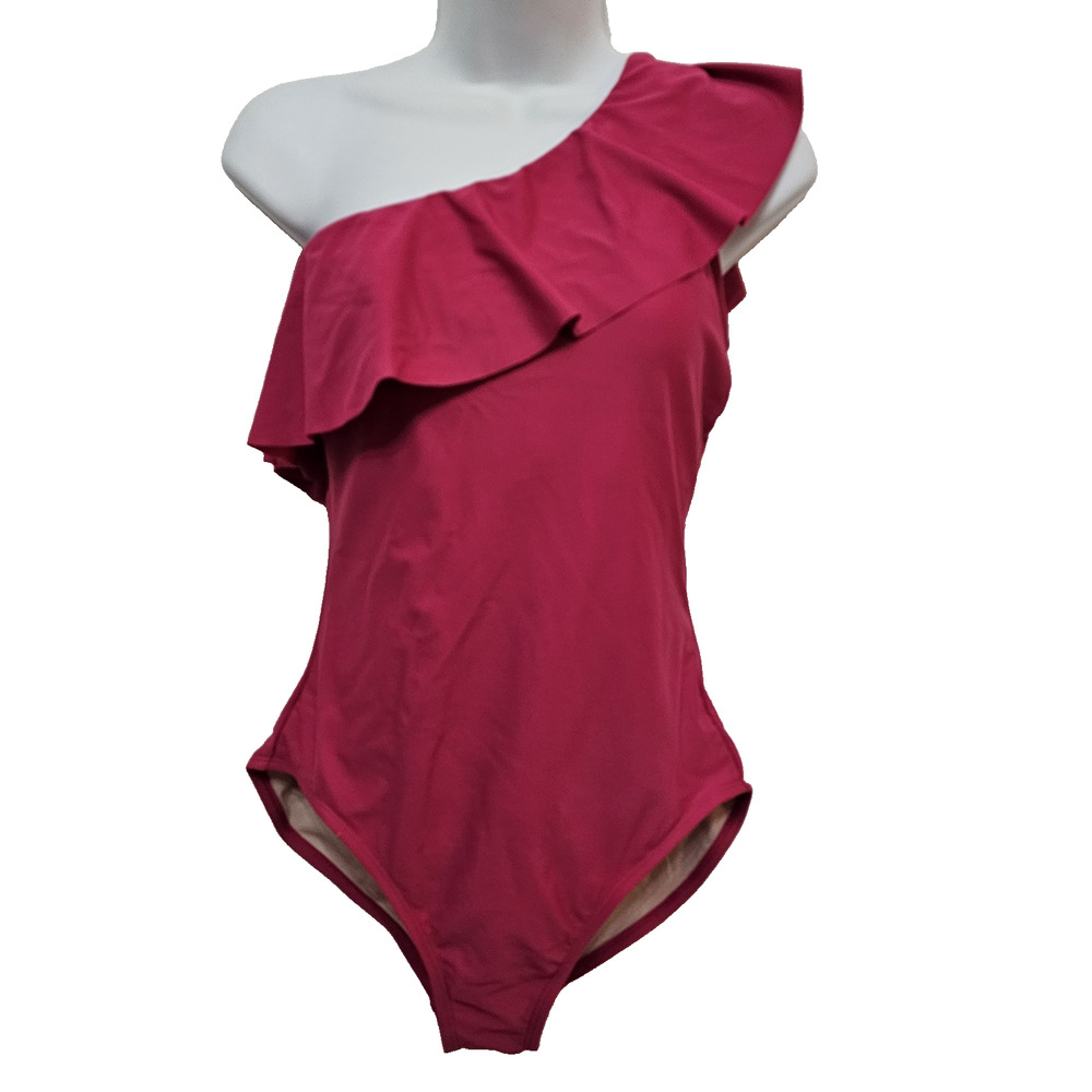 NWT Womens Swimsuit M Hot Pink One Shoulder Ruffle Coquette Vibrant Romantic